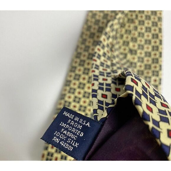 Polo Ralph Lauren Tie Yellow Blue Check Boxes Geometric 100% Silk Logo Classic - Picture 8 of 10